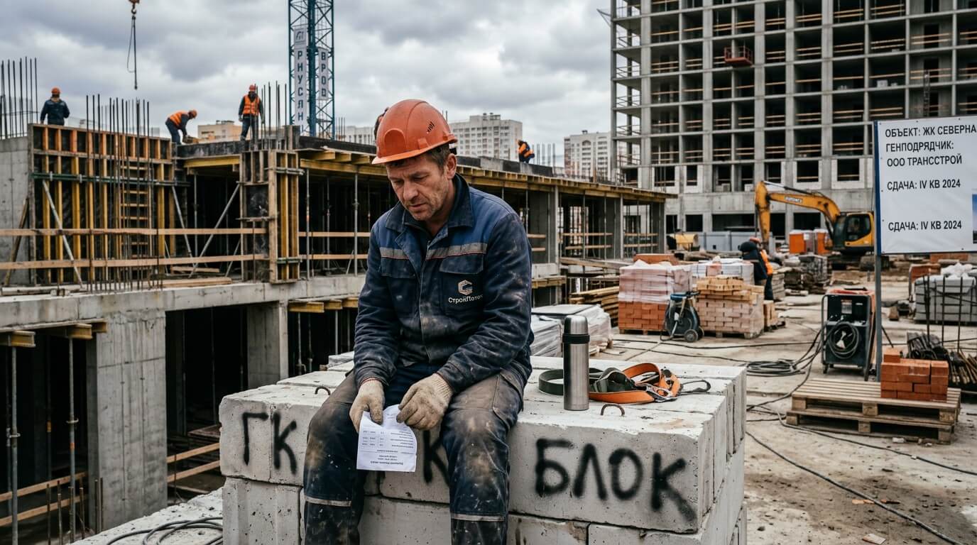 Строитель в оранжевой каске сидит на газобетонных блоках с бумагой в руках на фоне стройплощадки
