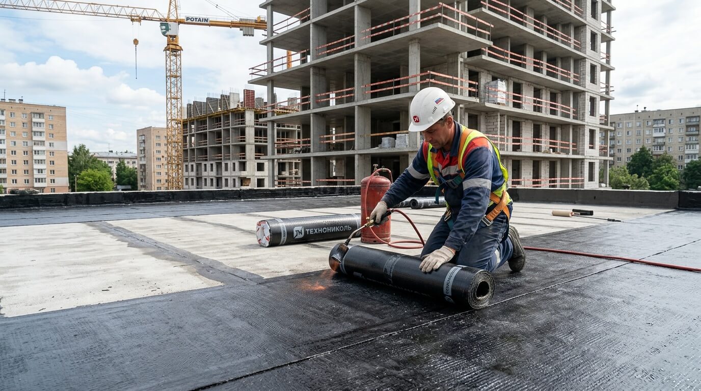 Строитель наплавляет рулонную гидроизоляцию газовой горелкой на плоской кровле строящегося здания