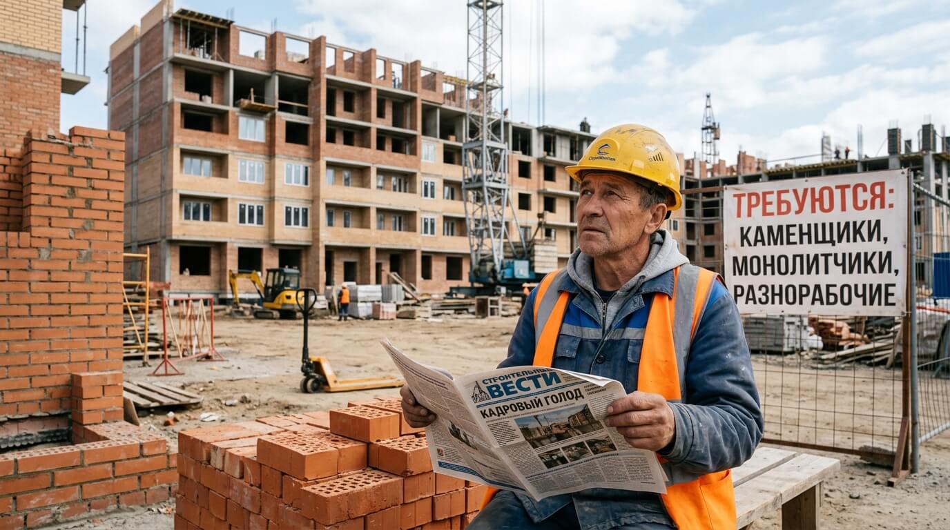 Пожилой строитель в каске и оранжевом жилете читает газету на фоне строящегося кирпичного дома и таблички о вакансиях