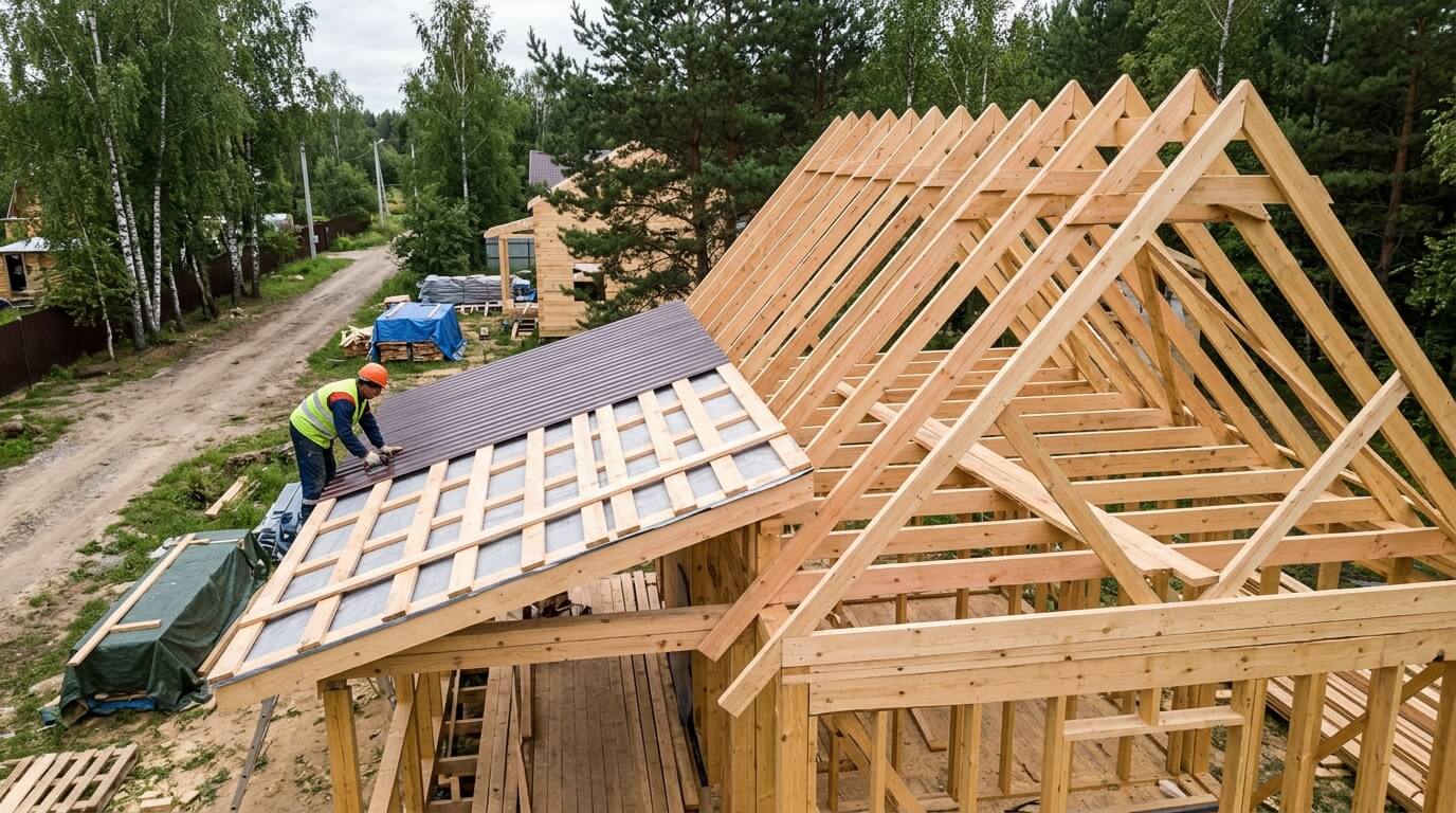 Строитель укладывает кровлю на деревянную стропильную систему двускатной крыши строящегося дома