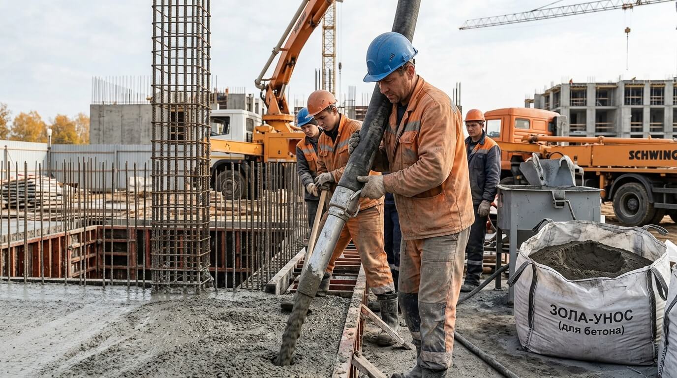 Строители заливают бетон из бетононасоса в опалубку с арматурой на стройплощадке, рядом стоит мешок золы-уноса для бетона